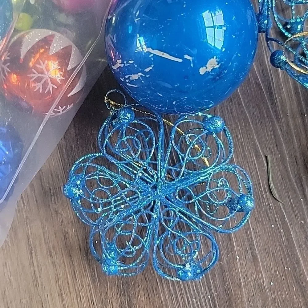 Over 30 Christmas tree ornaments blue and pink glitter